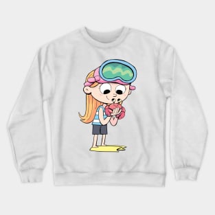 girl diver holds a small crab in her hand Crewneck Sweatshirt